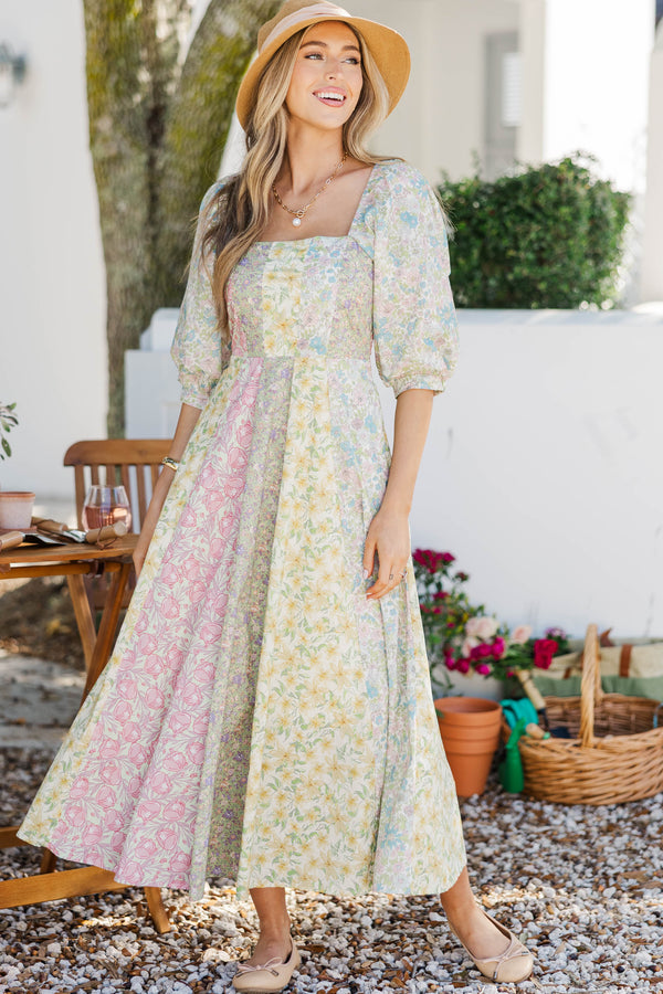 Hello Lovely Sage Mixed Print Midi Dress