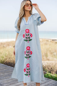 Simple And Styled Blue Embroidered Midi Shift Dress