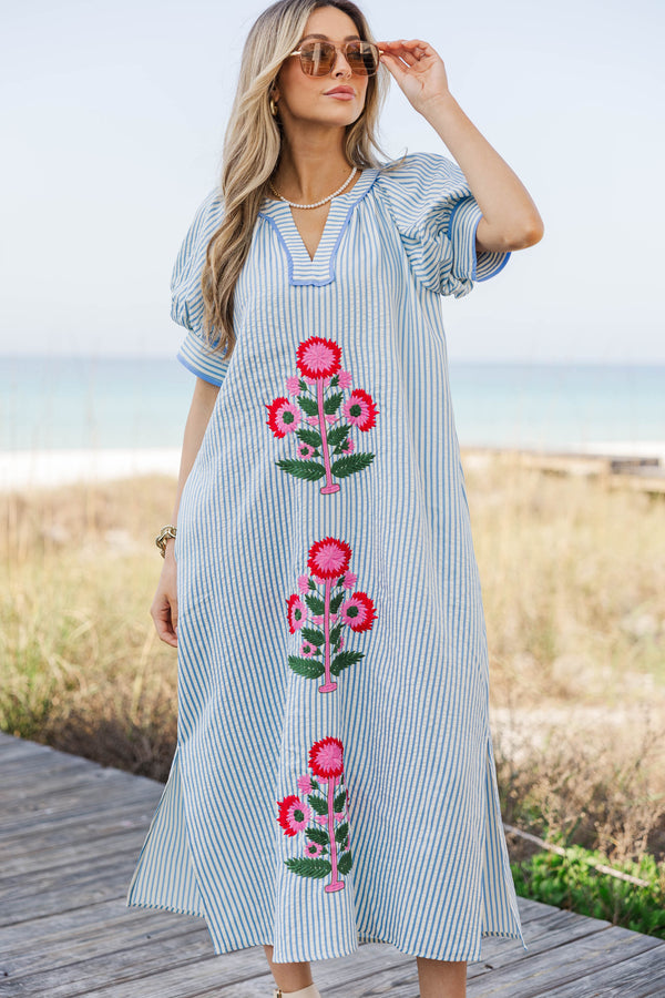 Simple And Styled Blue Embroidered Midi Shift Dress