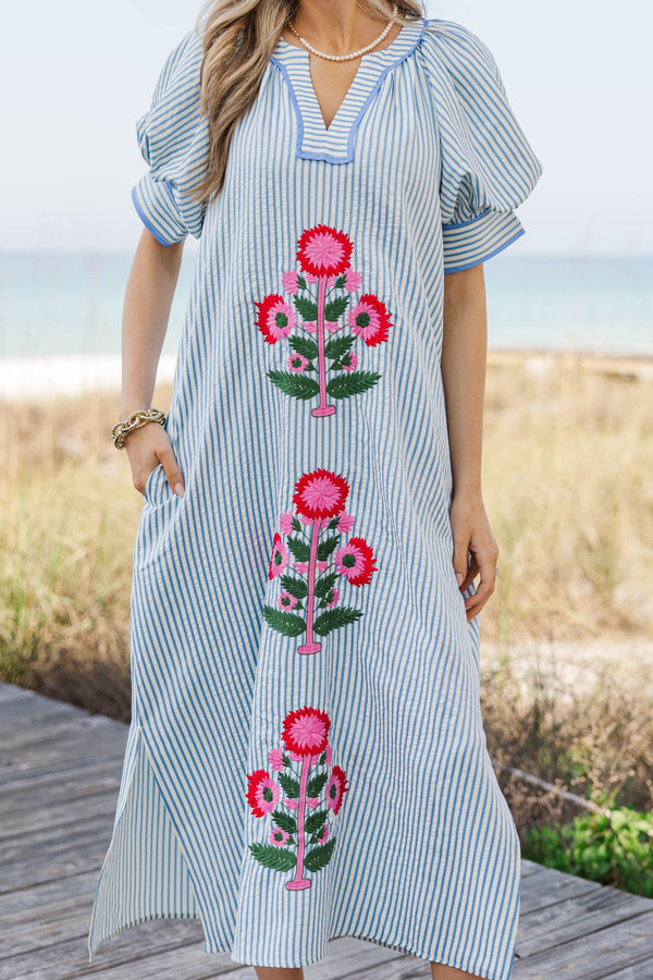 Simple And Styled Blue Embroidered Midi Shift Dress