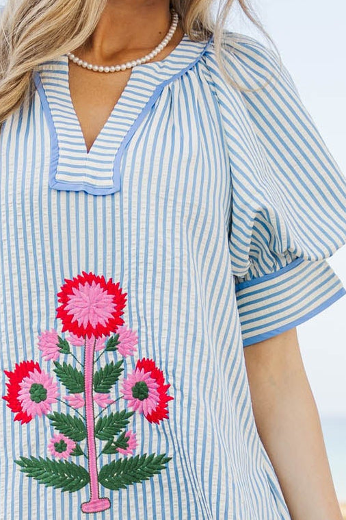 Simple And Styled Blue Embroidered Midi Shift Dress