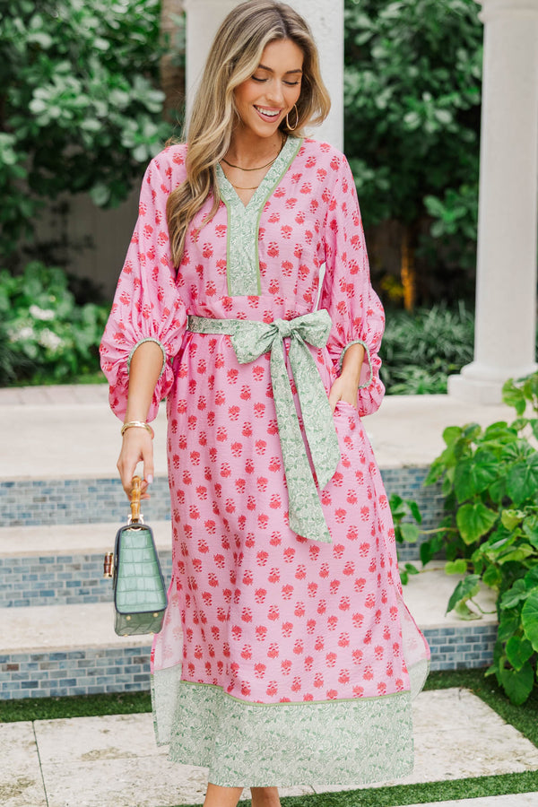 Take A Little Time Pink Floral Midi Dress