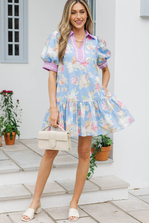 Dreaming of Warmer Weather Blue Floral Babydoll Dress