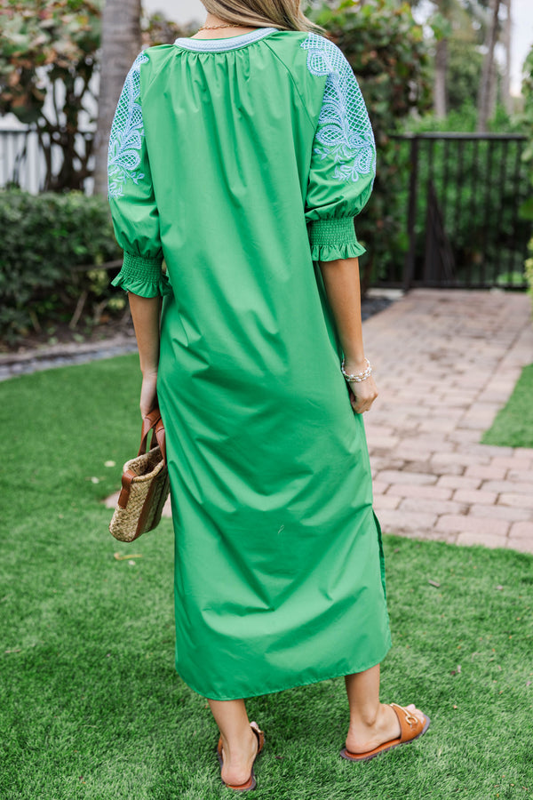 Springtime Sweetheart Green Embroidered Midi Dress