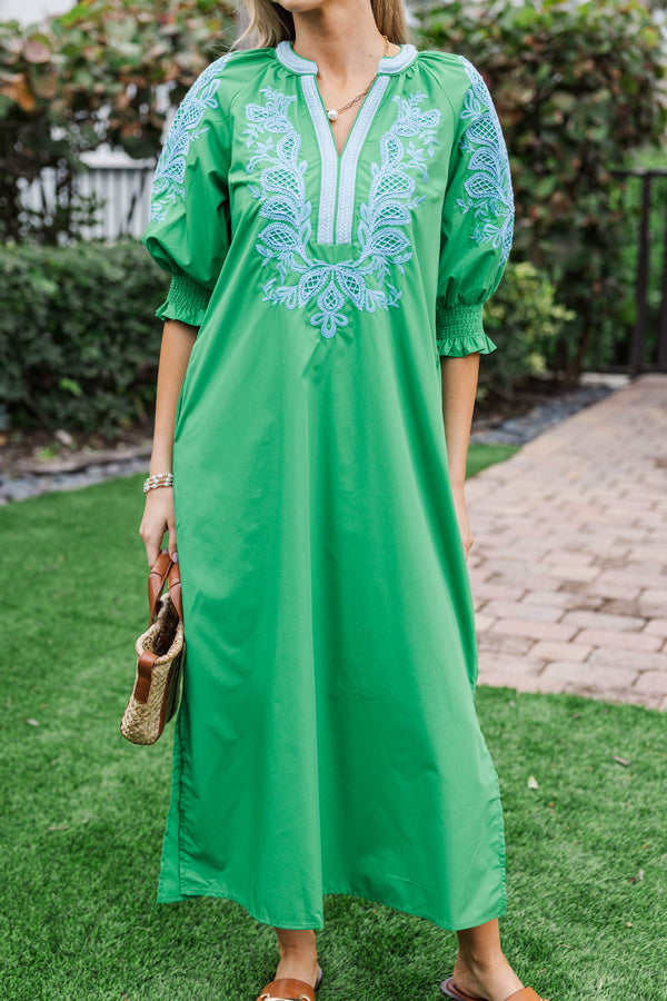 Springtime Sweetheart Green Embroidered Midi Dress