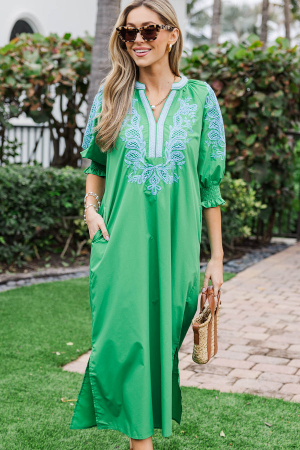 Springtime Sweetheart Green Embroidered Midi Dress