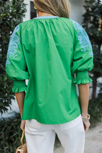 Graceful Gathering Green Embroidered Blouse