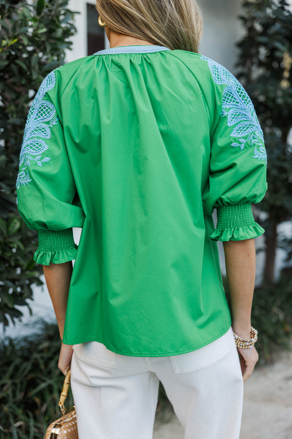 Graceful Gathering Green Embroidered Blouse