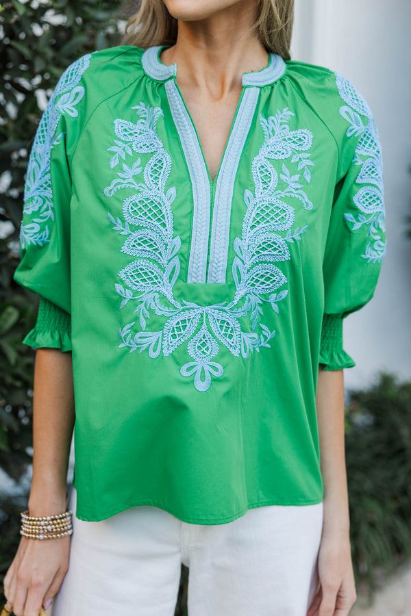 Graceful Gathering Green Embroidered Blouse