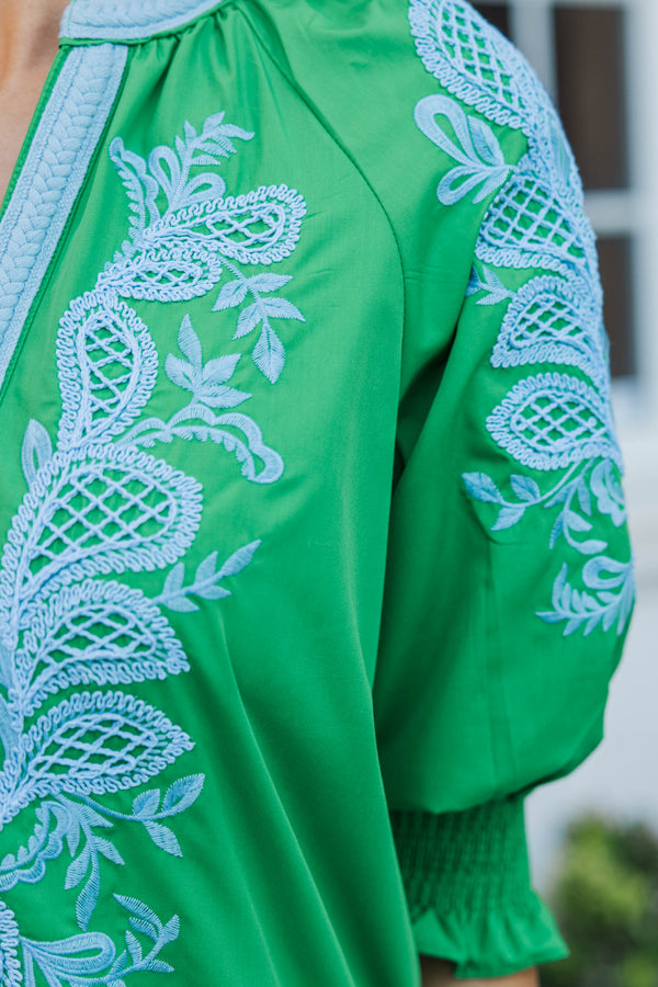 Graceful Gathering Green Embroidered Blouse