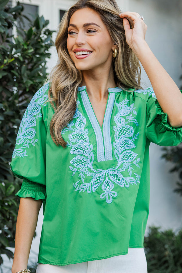 Graceful Gathering Green Embroidered Blouse