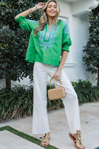 Graceful Gathering Green Embroidered Blouse