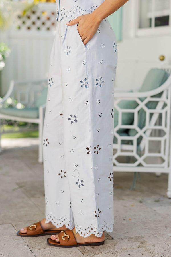 Sweet Spring Social Light Blue Eyelet Wide Leg Jeans