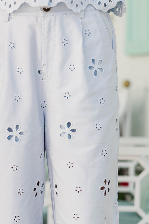 Sweet Spring Social Light Blue Eyelet Wide Leg Jeans