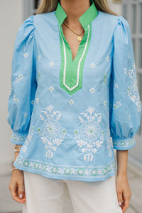 Windswept Whimsy Blue Embroidered Blouse
