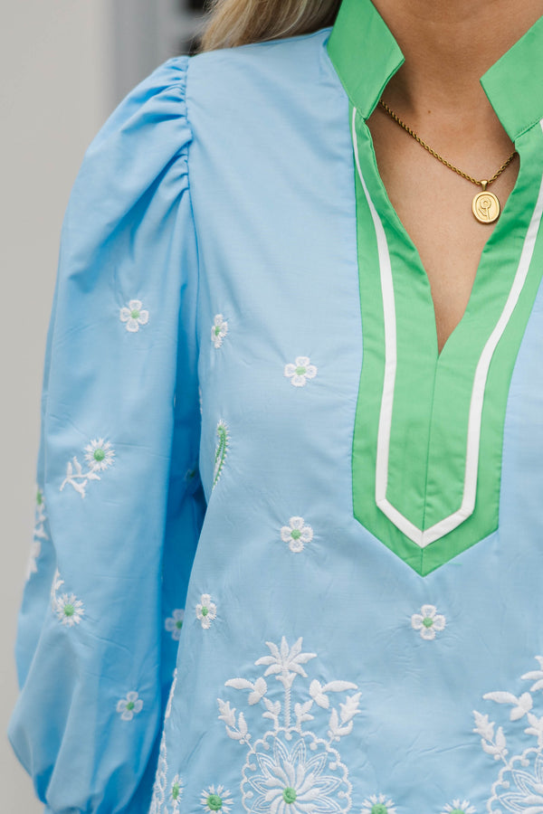 Windswept Whimsy Blue Embroidered Blouse