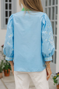 Windswept Whimsy Blue Embroidered Blouse