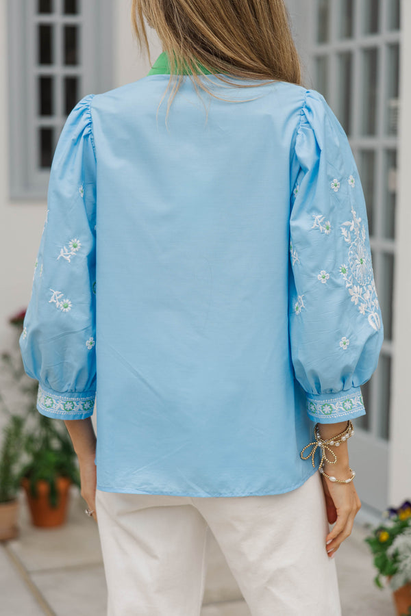 Windswept Whimsy Blue Embroidered Blouse