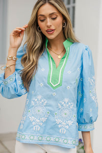 Windswept Whimsy Blue Embroidered Blouse