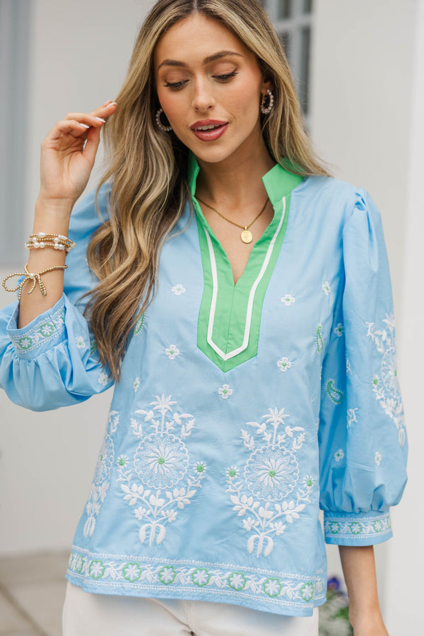 Windswept Whimsy Blue Embroidered Blouse
