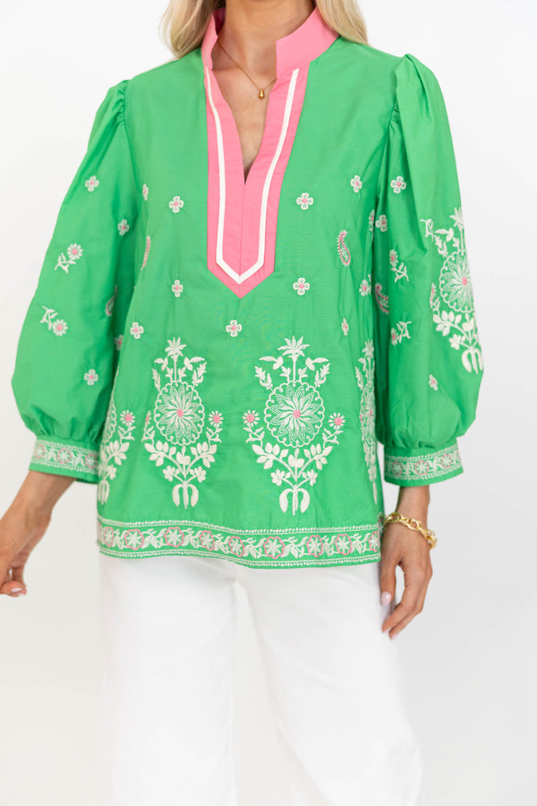 Windswept Whimsy Green Embroidered Blouse