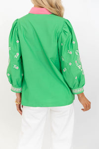 Windswept Whimsy Green Embroidered Blouse