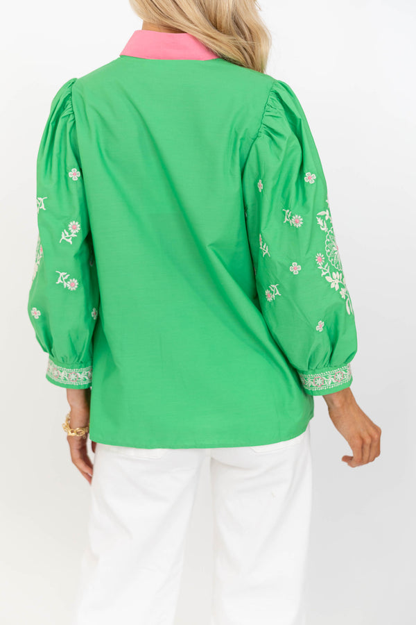 Windswept Whimsy Green Embroidered Blouse