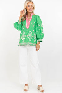 Windswept Whimsy Green Embroidered Blouse