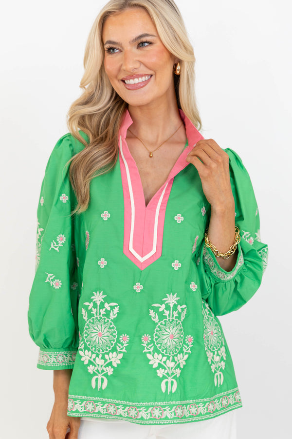 Windswept Whimsy Green Embroidered Blouse