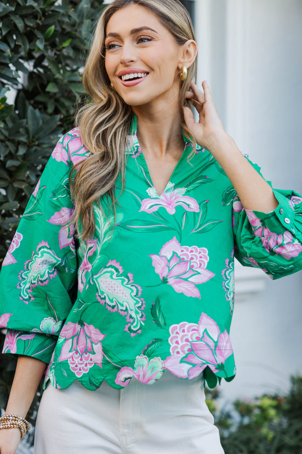 Sunlit Petals Green Floral Blouse