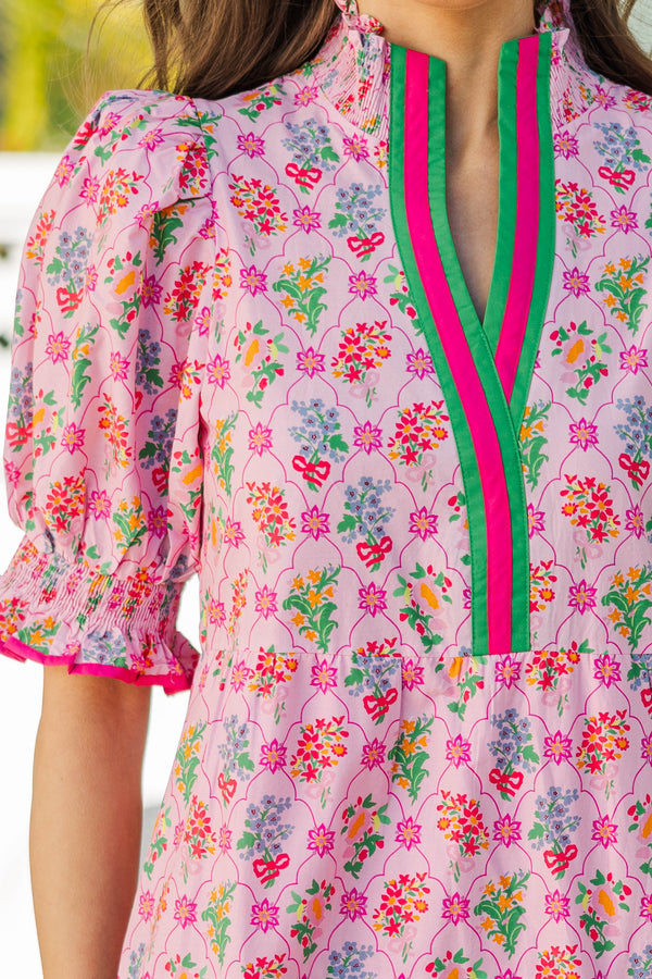 Simply Meant To Be Pink Floral Babydoll Midi Dress