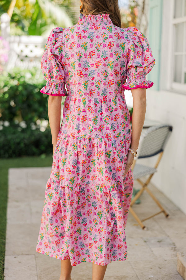 Simply Meant To Be Pink Floral Babydoll Midi Dress