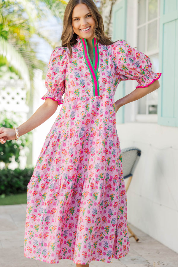 Simply Meant To Be Pink Floral Babydoll Midi Dress