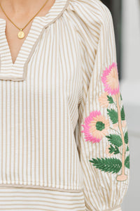 Darling Little Detail Oatmeal Embroidered Blouse