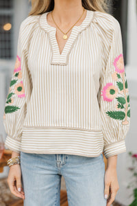 Darling Little Detail Oatmeal Embroidered Blouse