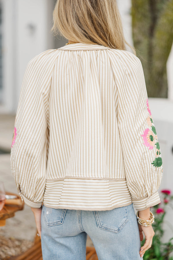 Darling Little Detail Oatmeal Embroidered Blouse