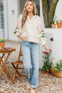 Darling Little Detail Oatmeal Embroidered Blouse