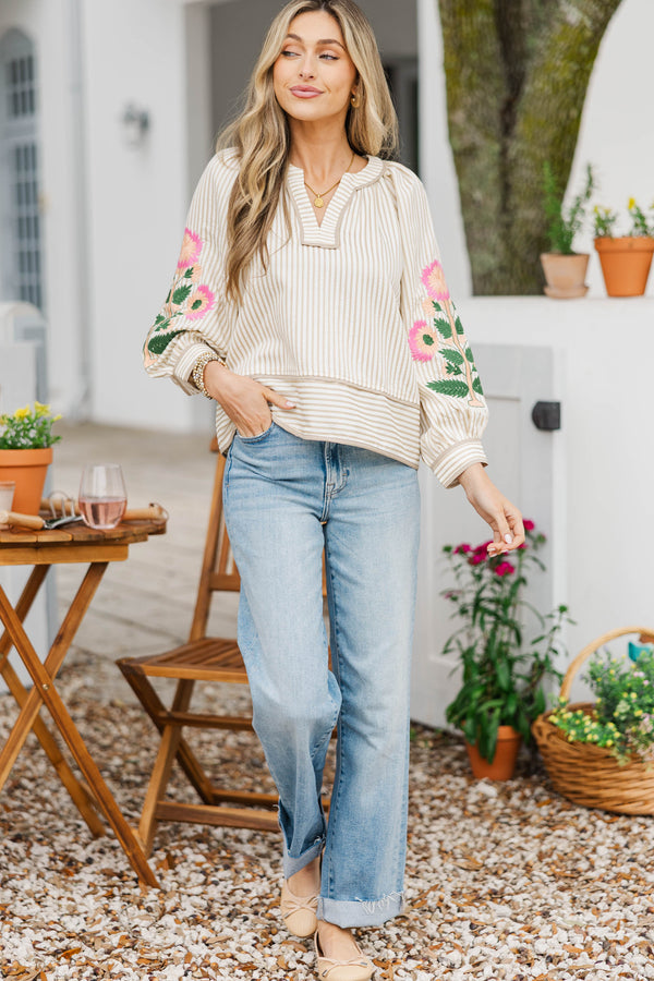 Darling Little Detail Oatmeal Embroidered Blouse