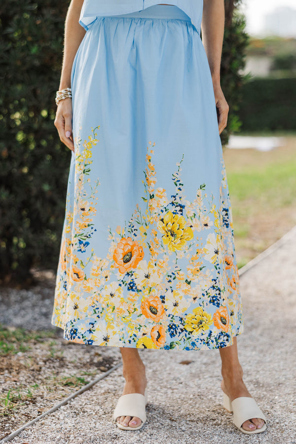 Spring Renewal Blue Floral Midi Skirt