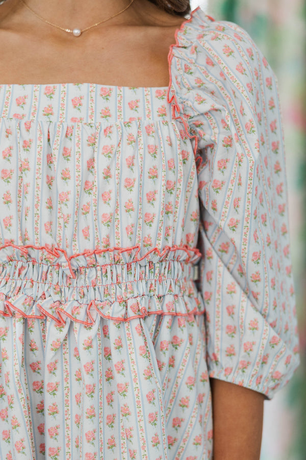 Girls: The Brighton Light Blue Floral Ruffle Dress