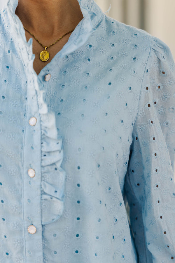 So True Light Blue Eyelet Ruffle Blouse