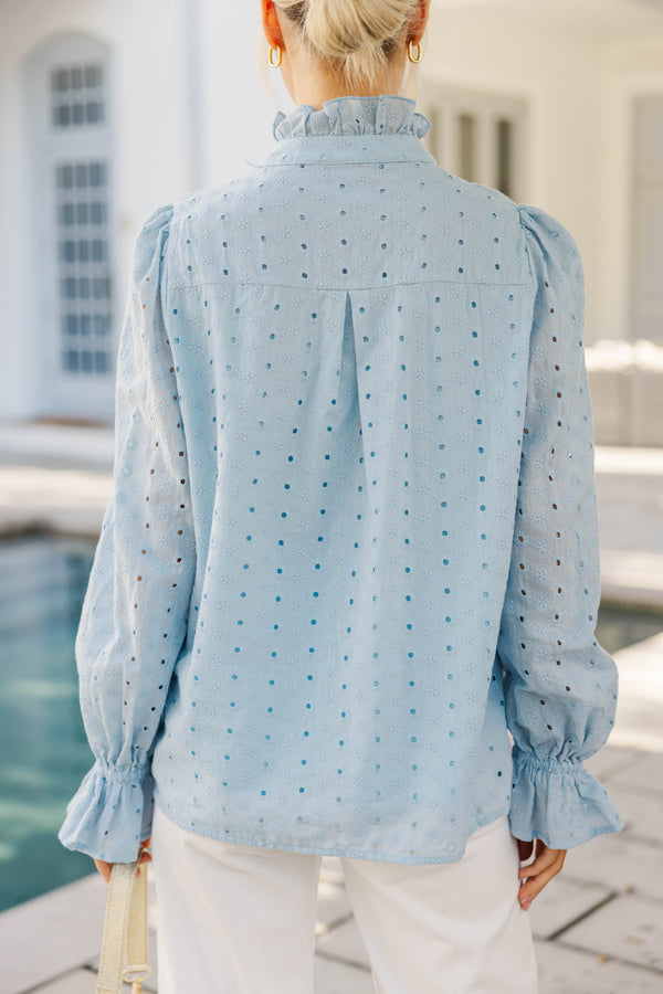 So True Light Blue Eyelet Ruffle Blouse