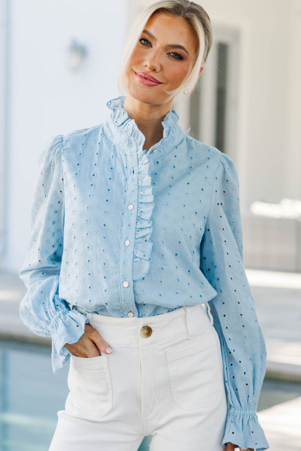 So True Light Blue Eyelet Ruffle Blouse