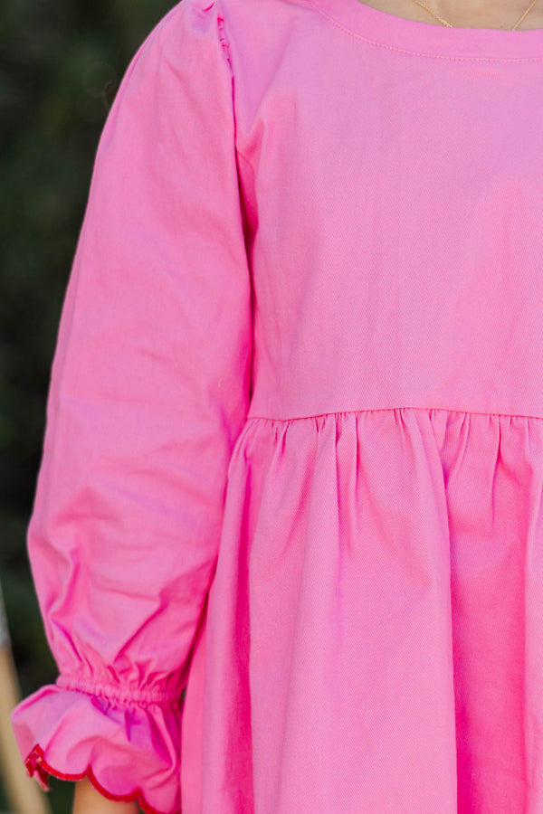 Girls: Waving Hello Pink Embroidered Babydoll Dress