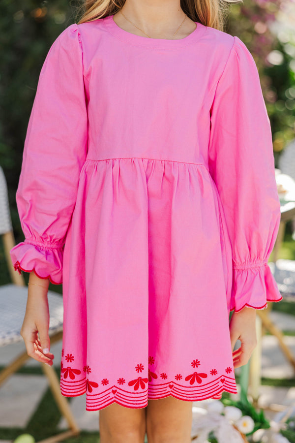 Girls: Waving Hello Pink Embroidered Babydoll Dress