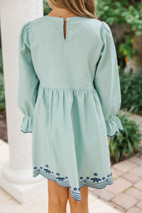 Girls: Waving Hello Light Blue Embroidered Babydoll Dress