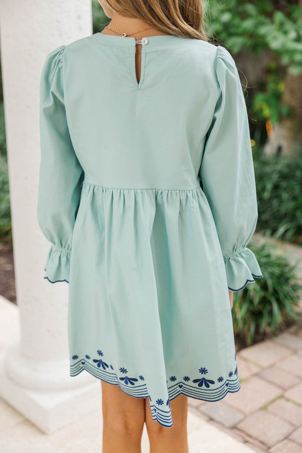 Girls: Waving Hello Light Blue Embroidered Babydoll Dress