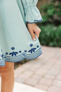 Girls: Waving Hello Light Blue Embroidered Babydoll Dress