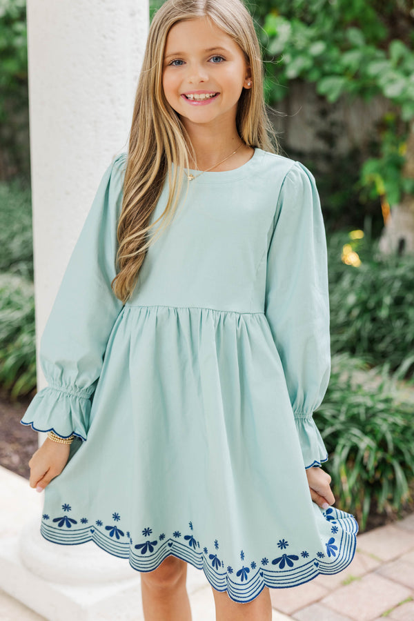 Girls: Waving Hello Light Blue Embroidered Babydoll Dress