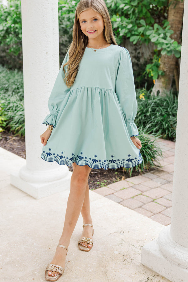 Girls: Waving Hello Light Blue Embroidered Babydoll Dress, (7/8) - The Mint Julep Boutique